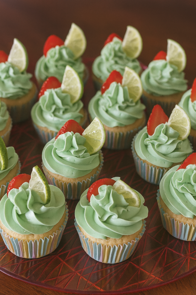Margarita cupcakes with tequila–strawberry–lime buttercream