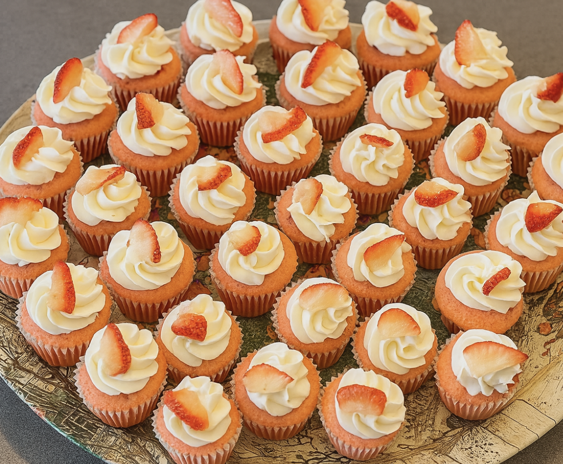 Mini strawberry cupcakes with cream cheese frosting